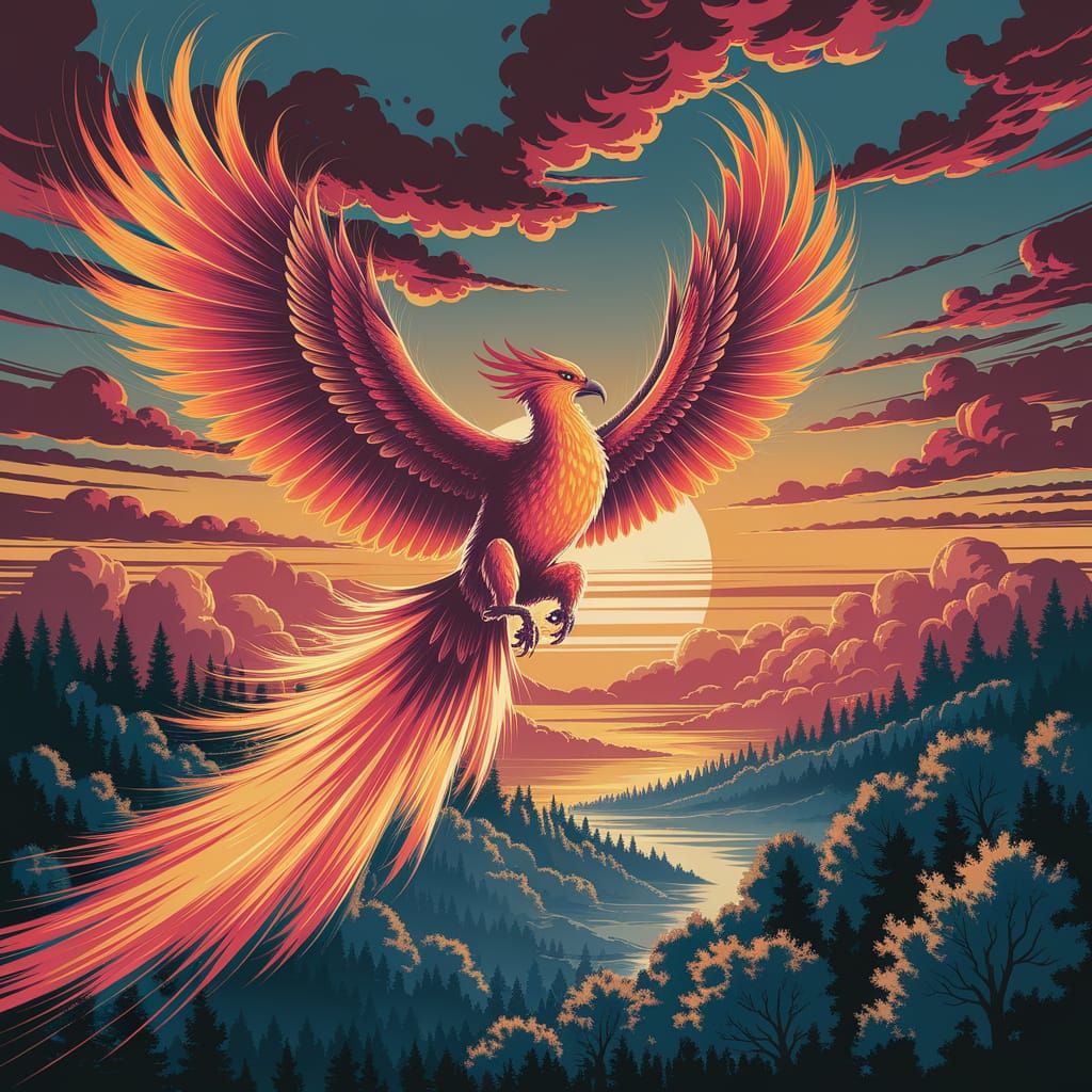 Majestic Phoenix Soaring Through Fiery Sunset