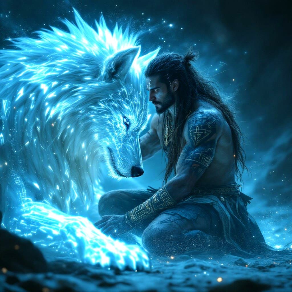Fierce Tribal Warrior Embraces Prismatic Wolf in Radiant Fan...