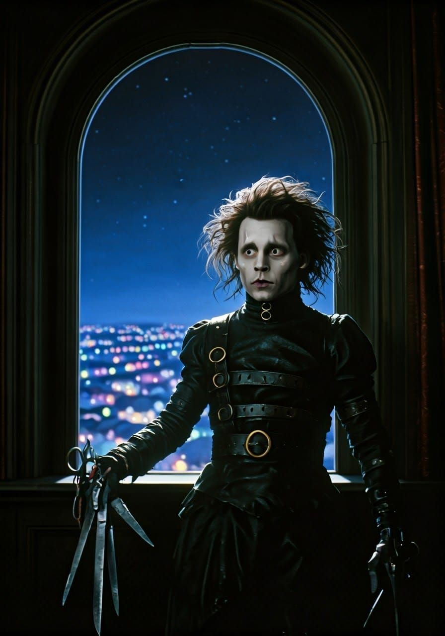 Edward Scissorhands Gazing at Twinkling Town Lights