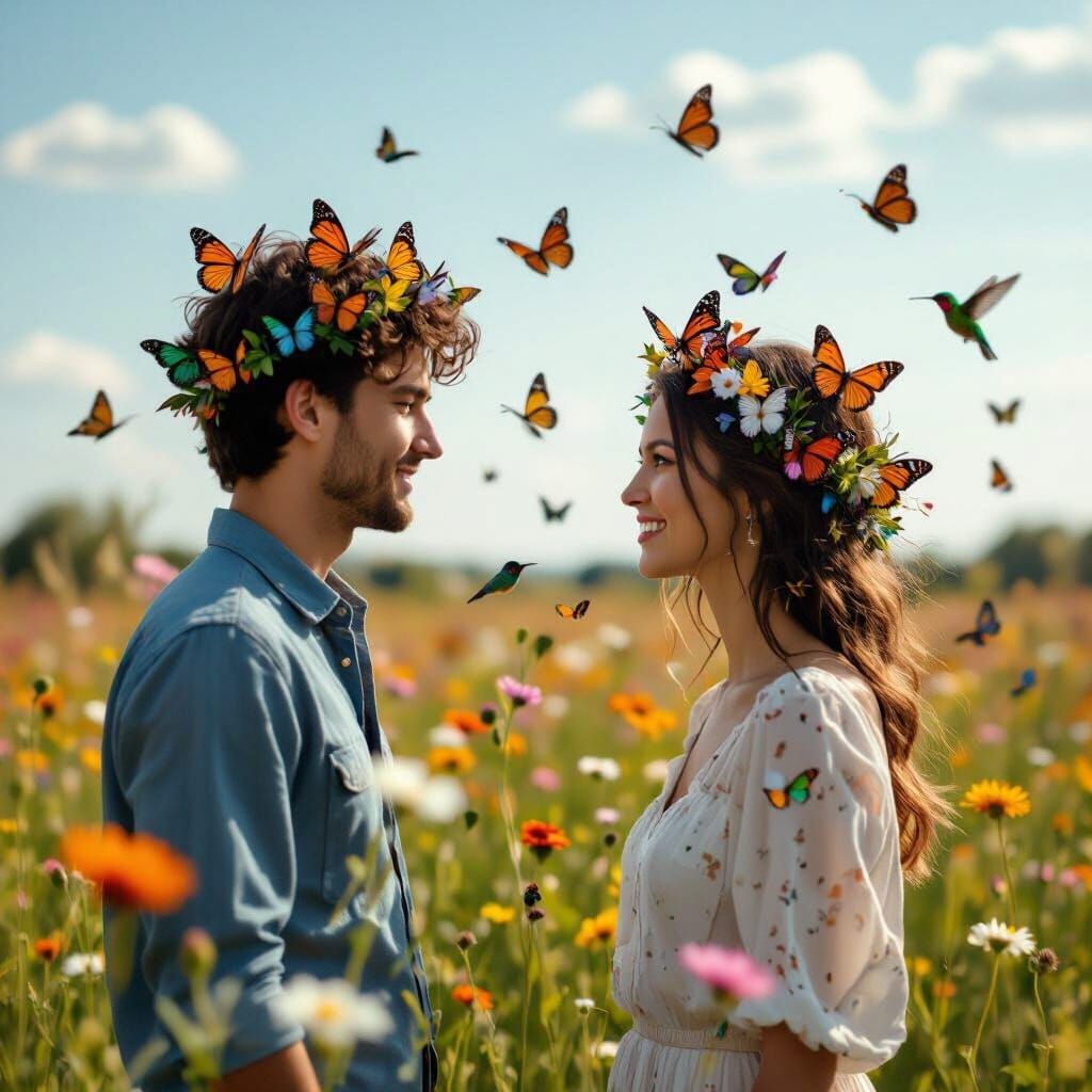 Couple Adorned with Butterflies in Spring Meadow