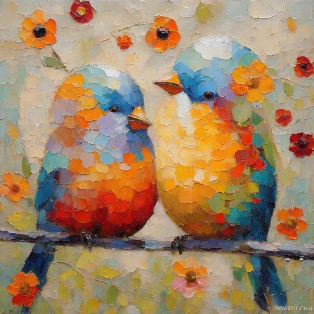 Colorful Birds in Neo-Impressionist Oil Painting
