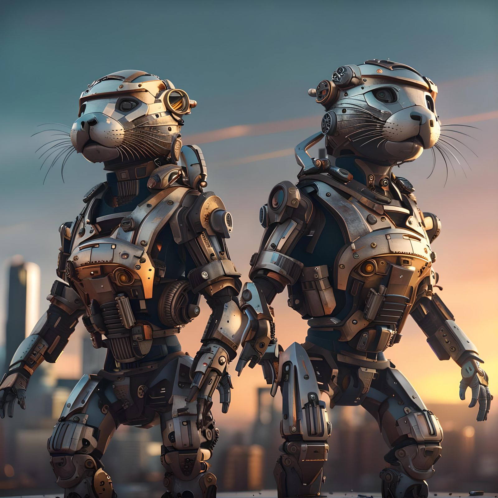 Futuristic Mechanical Otter Twins in Sci-Fi City