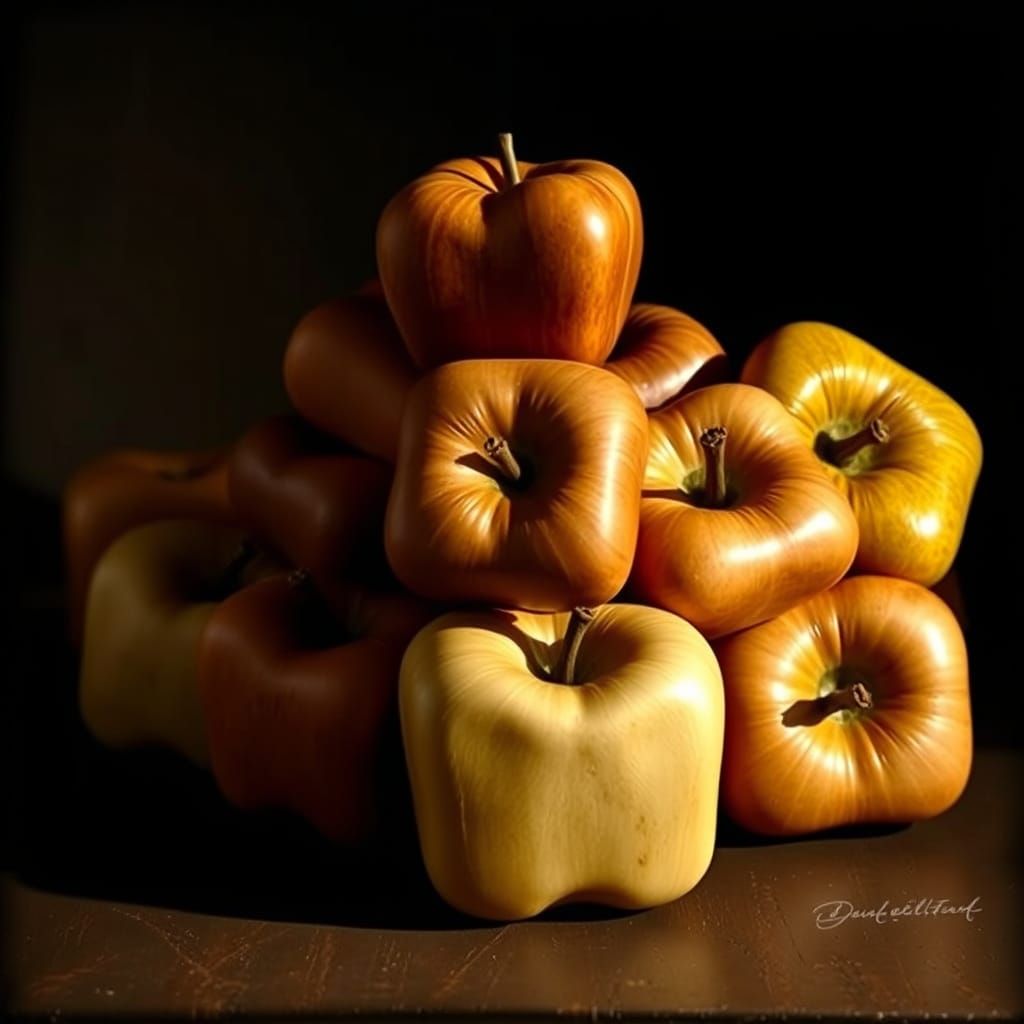 Classical Still Life of Wooden Square Apples in Chiaroscuro