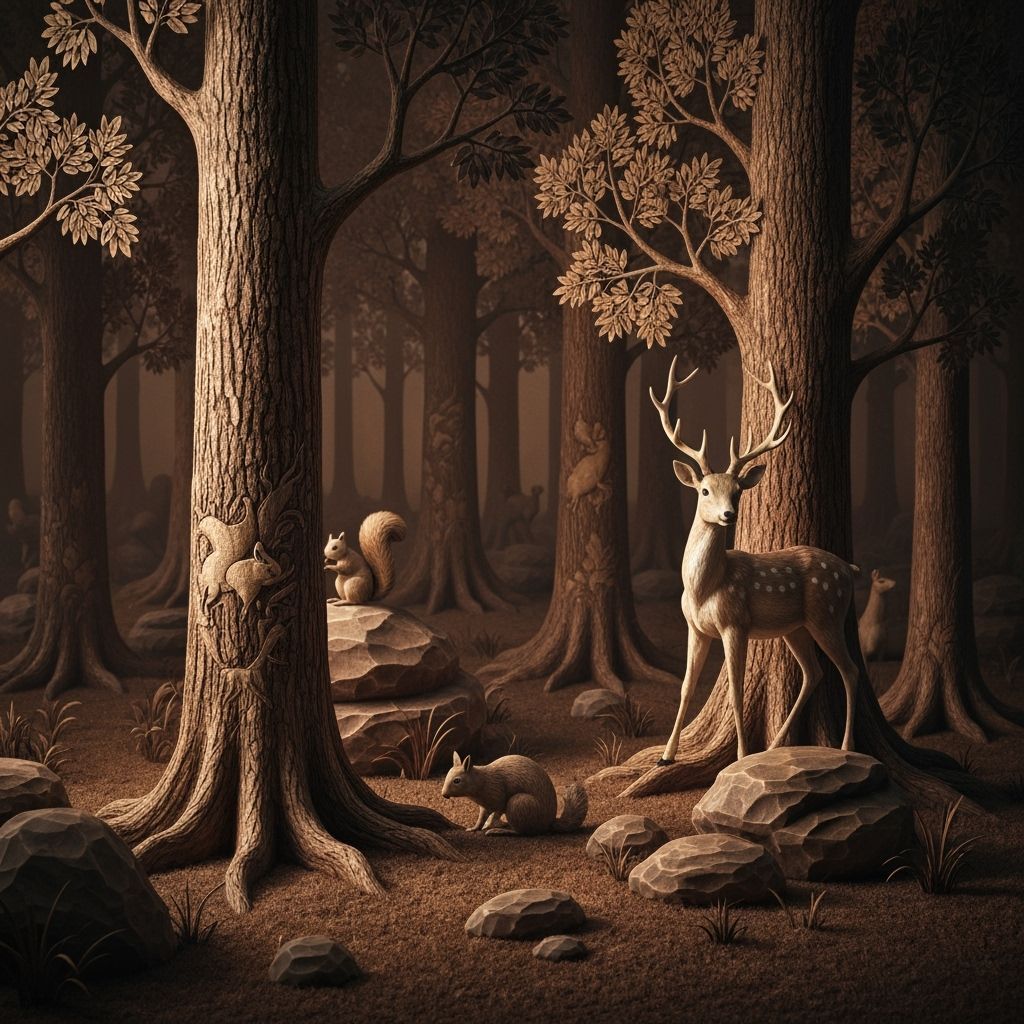 Warm-Toned Forest Carvings with Animals