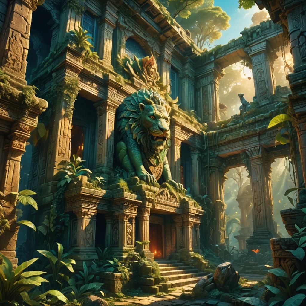 Mythical Creatures Explore Jungle Temple, Digital Art