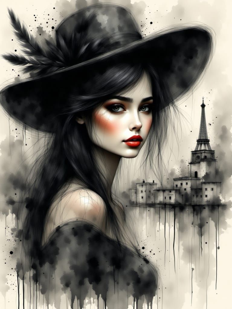 Confident Woman in Feathered Hat: Charcoal Sketch Portrait