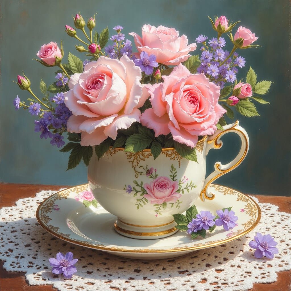 Teacup Overflowing with Pastel Roses in Impasto Oil