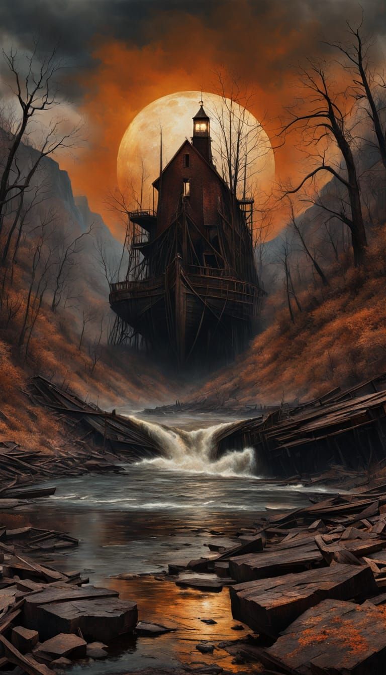 Dark Hudson River School Landscape with Bold Lines and 3D De...