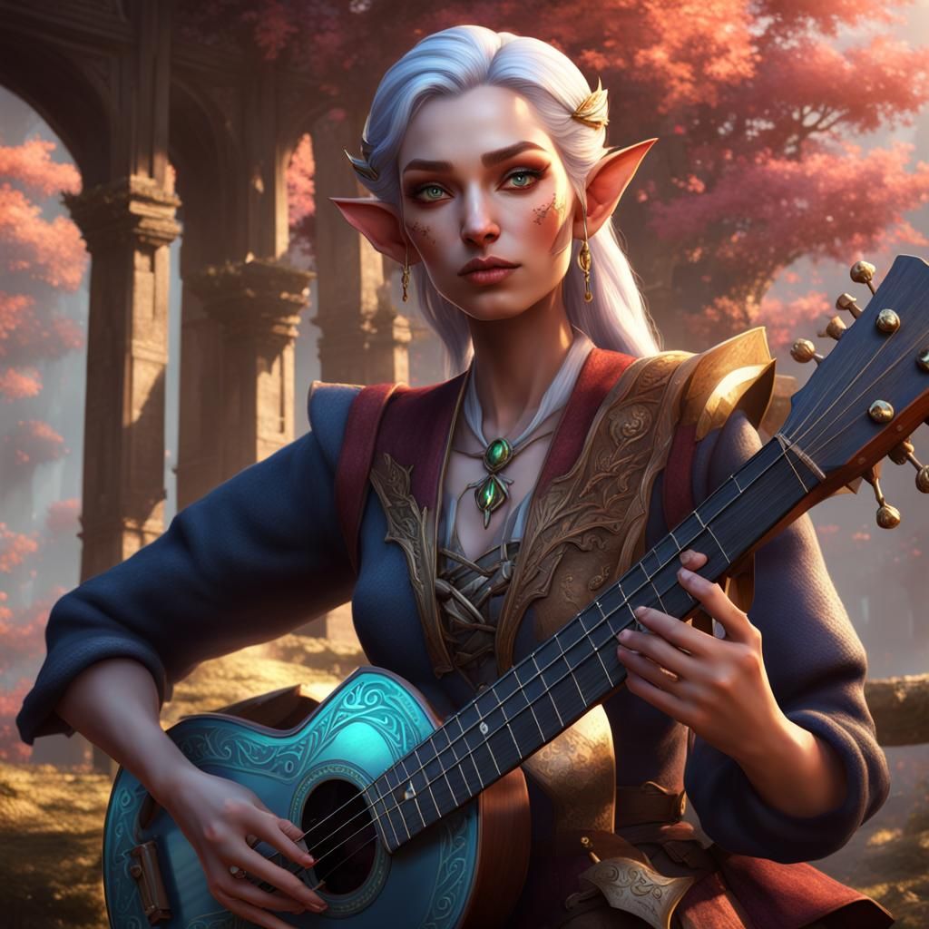 Beautiful Elf Bard with Guitar: Fantasy Art