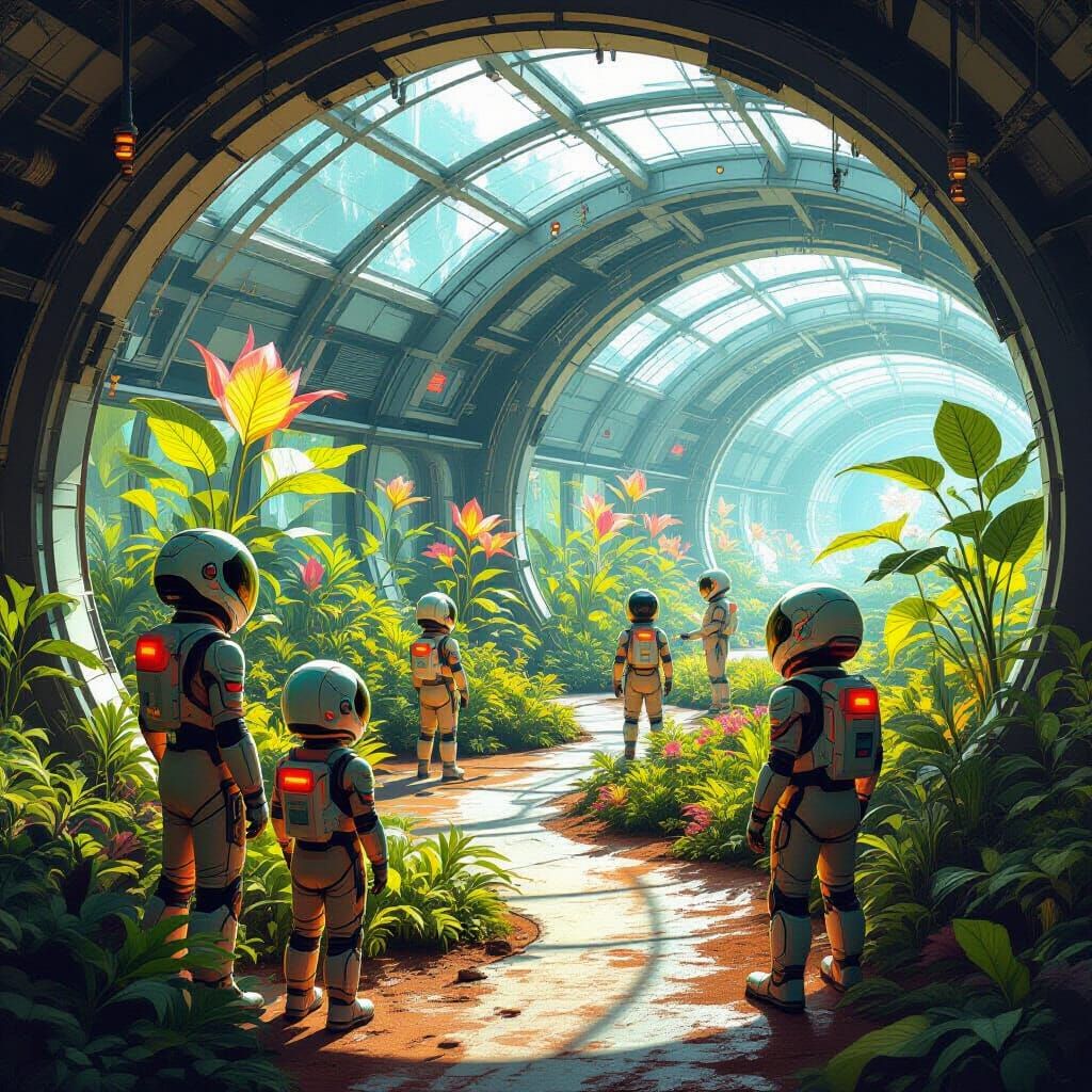 Martian Agri-Dome With Glowing Flora and Children