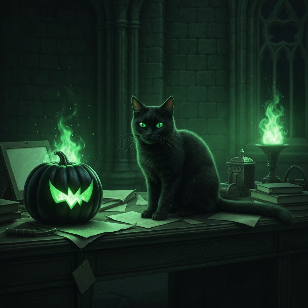 Black Cat with Glowing Eyes in Medieval Castle