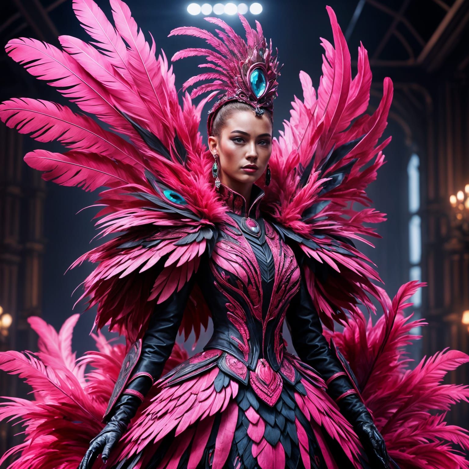 Bright Pink Feathered Couture Runway Outfit