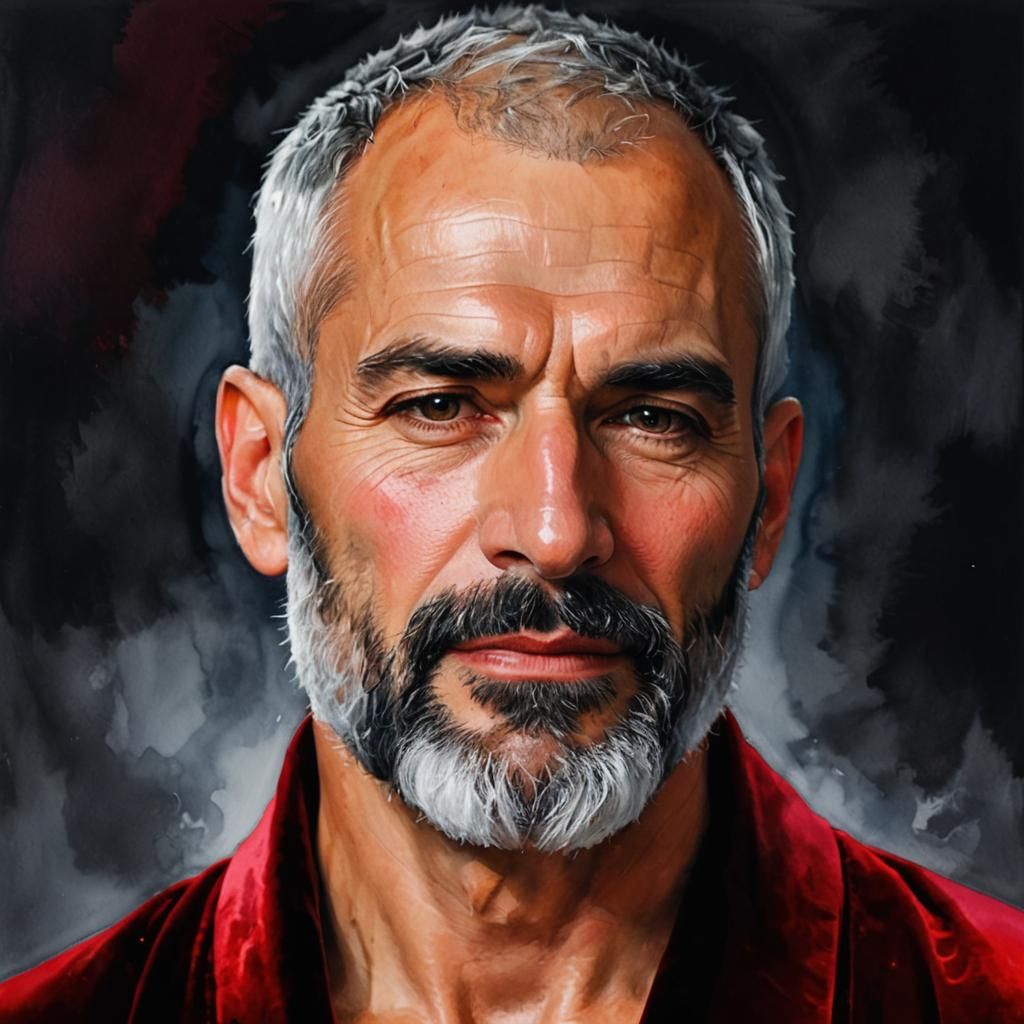 Silver-Haired Man in Red Velvet Robe: Alcohol Ink Portrait