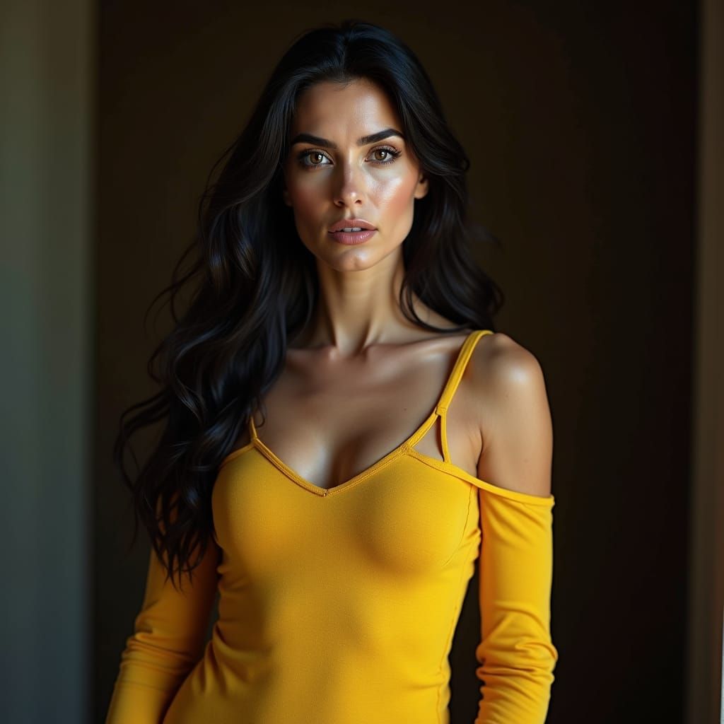 Stunning Woman in Yellow Top, Photorealistic Image
