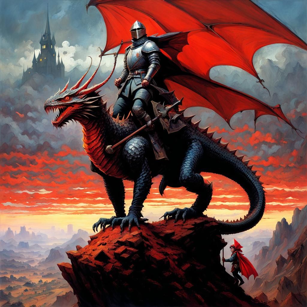 Surreal Knight Astride Winged Dragon