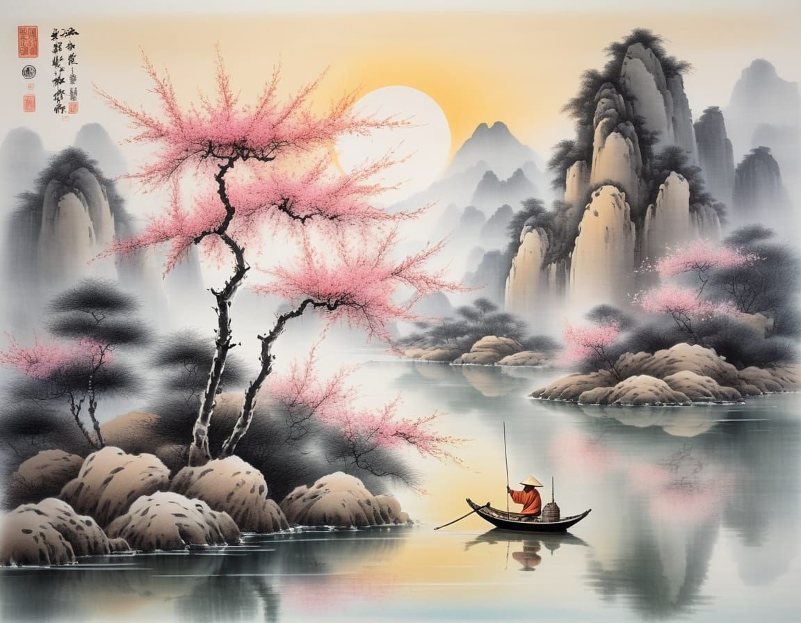 Mountain Lake Sunset in Shan Shui Style