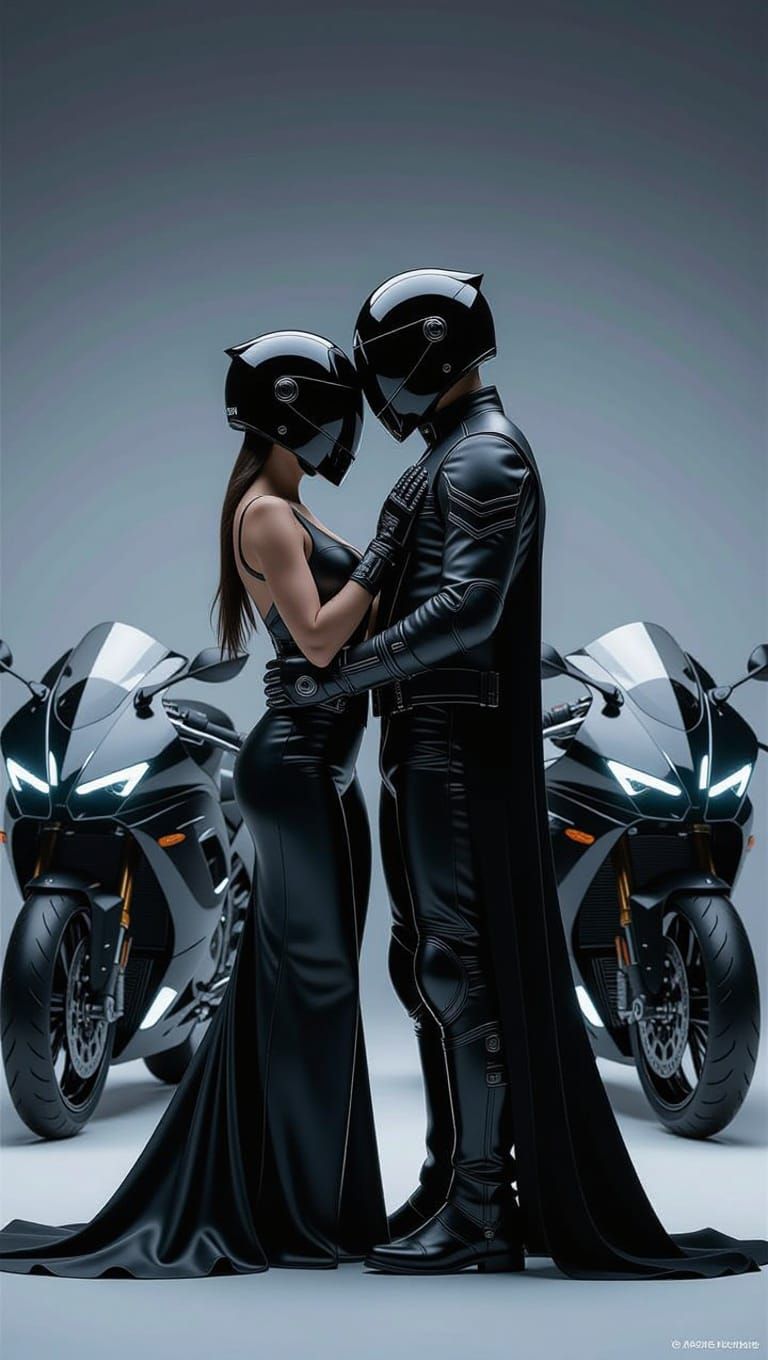 Dark Fantasy Biker Couple in High-Tech Attire