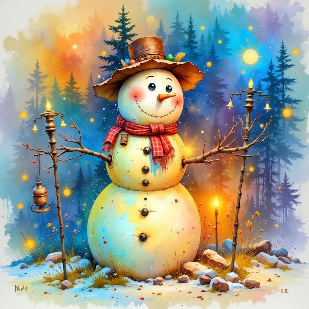 Happy Snowman by Carne Griffiths, JW Waterhouse, alcohol ink...