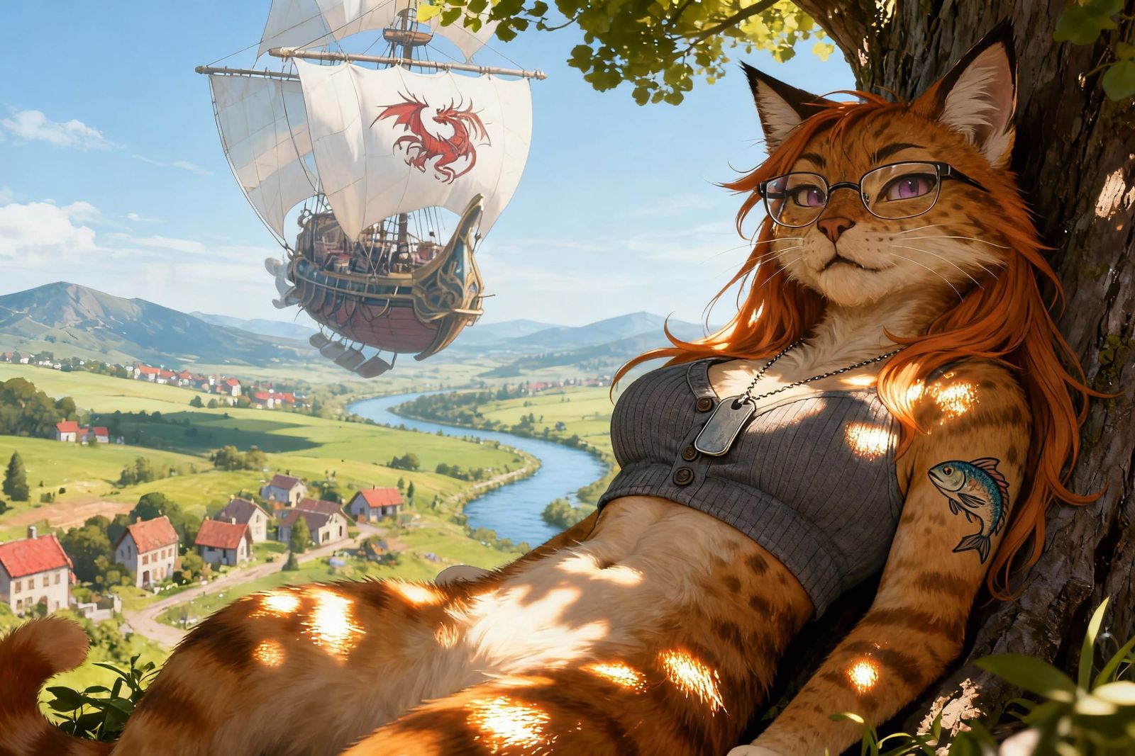Anthropomorphic Cat Overlooks Village With Airship