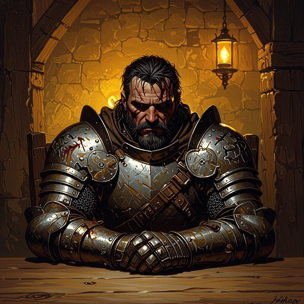 Grizzled Knight in Dim Tavern, Gritty Realism Style