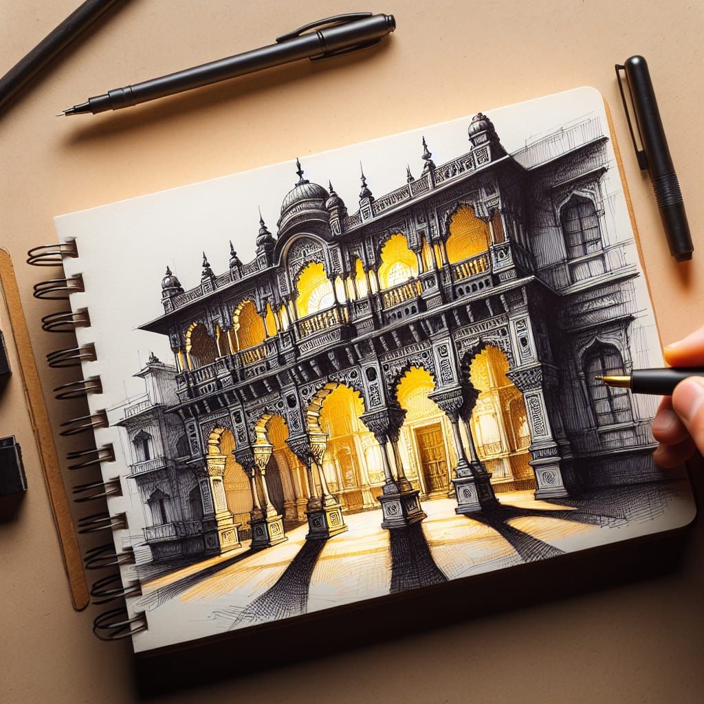 Ink Drawing of Historic Building with Intricate Details