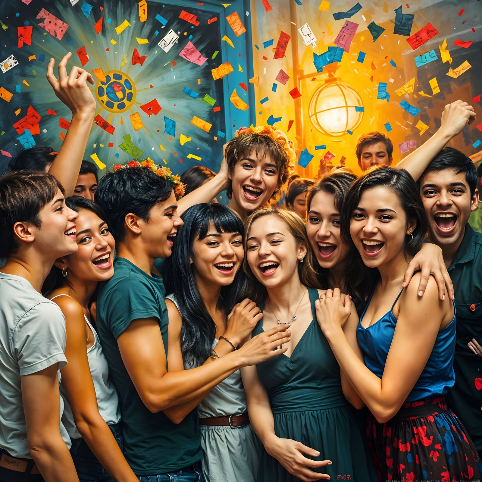 Joyful Friends Celebrating in a Whimsical Style