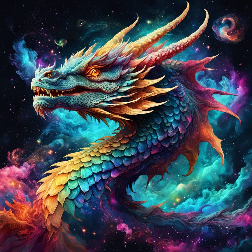 Celestial Dragon Soaring Through Nebula in Mixed Media