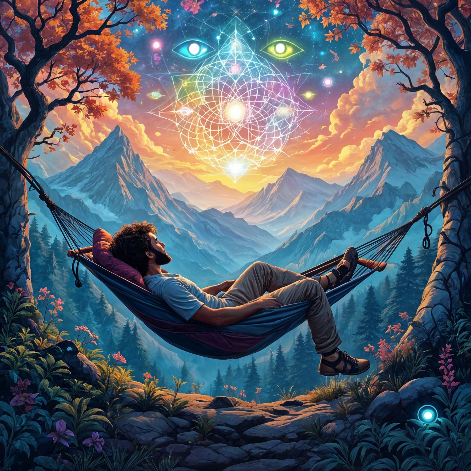 Psychedelic Mountain Hammock Scene with Vibrant Fractals