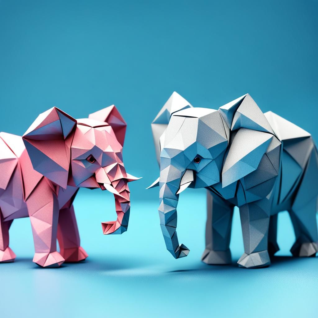 Cute Origami Elephant and Realistic Elephant 3D Render