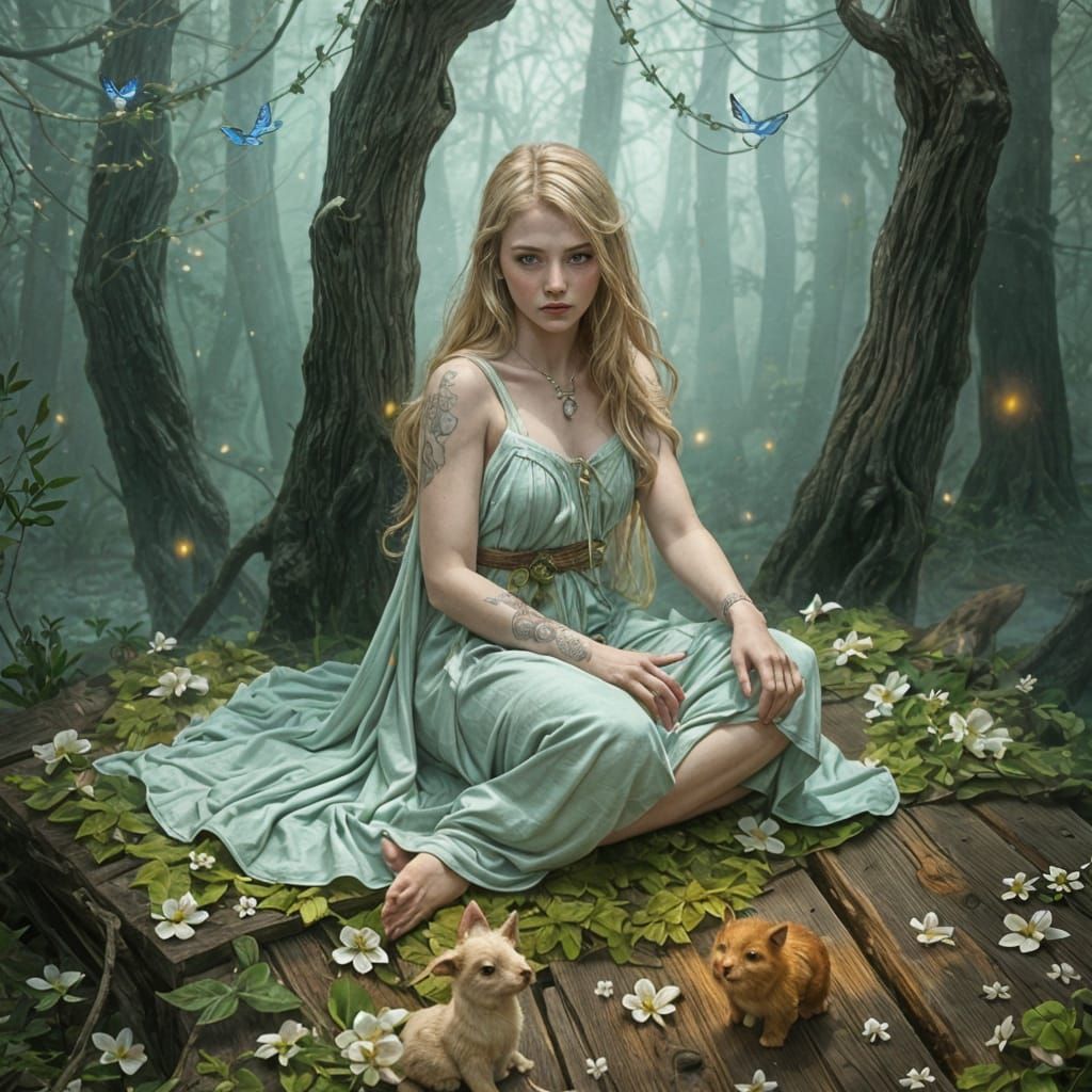 Blonde Priestess in Mystical Woodland Scene