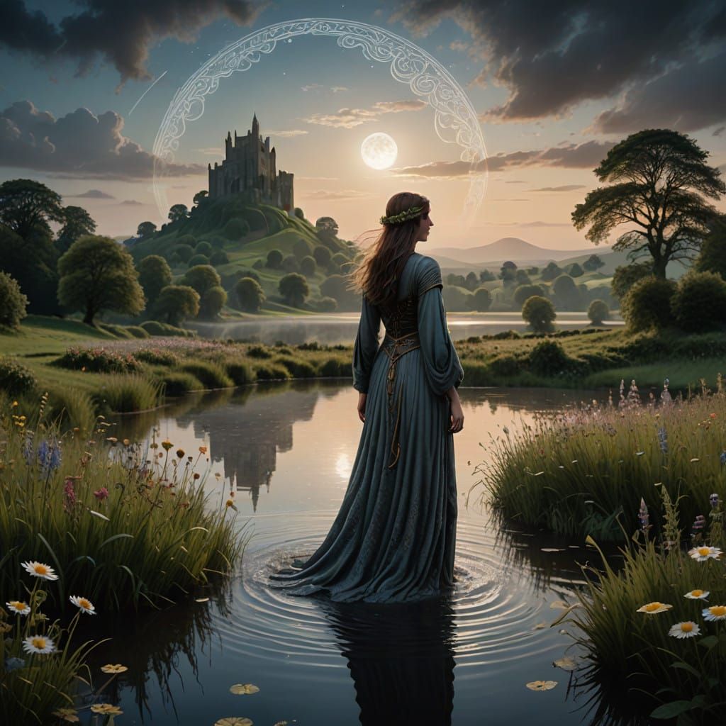 A Mystical Woman Stands in Glastonbury's Dreamy Landscape