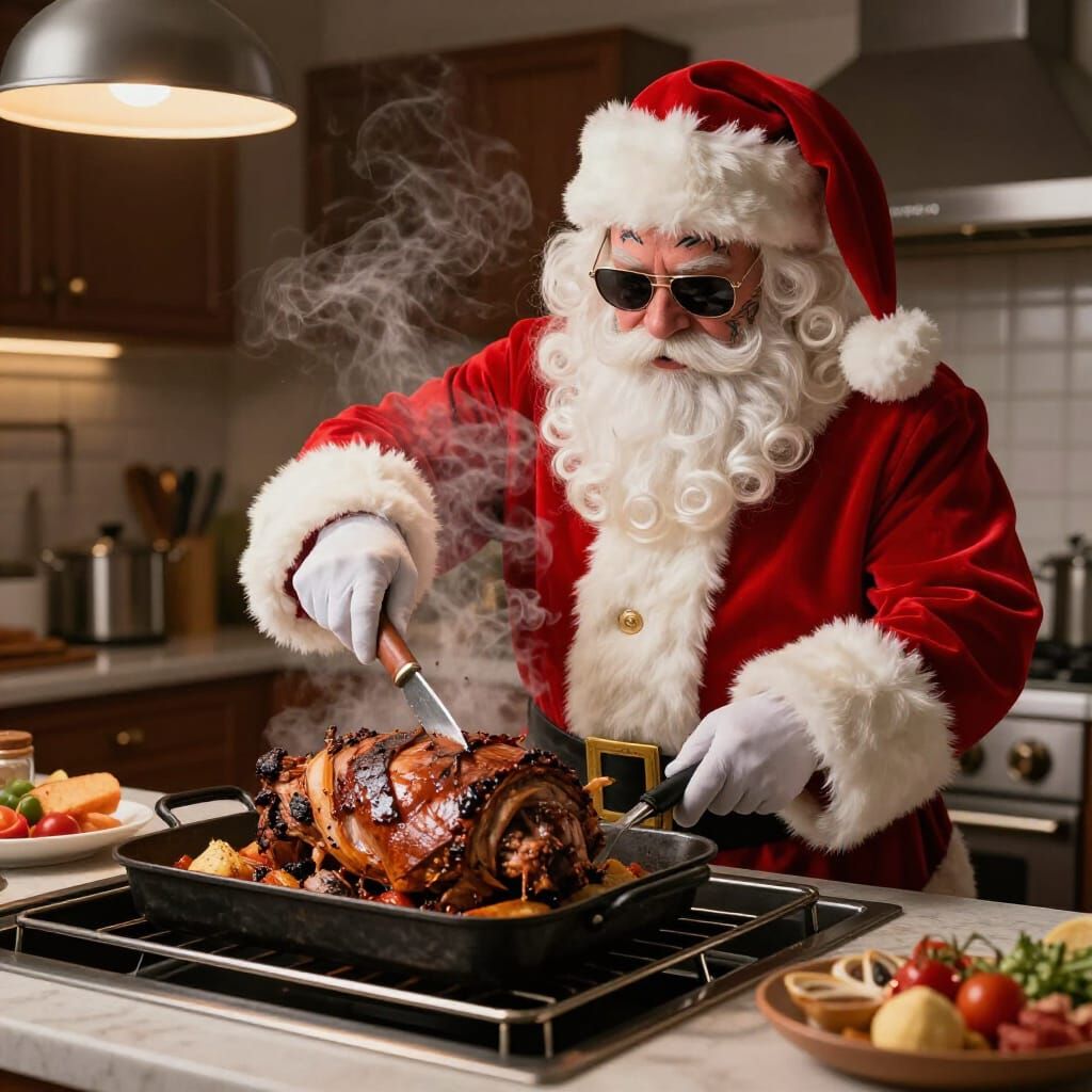 Tattooed Santa Claus Carving Pot Roast in Kitchen