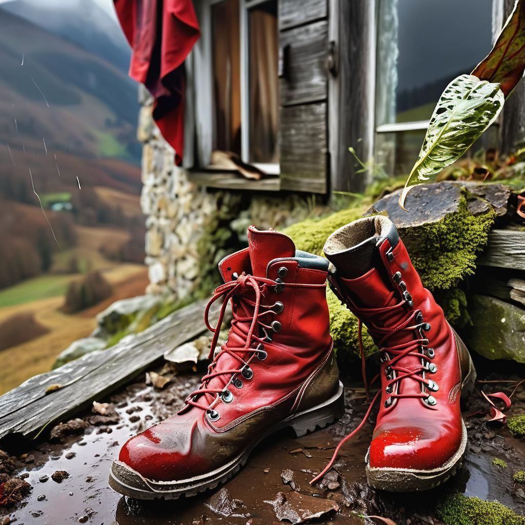 Muddy Hiking Boots on Porch with Dream Reminiscences