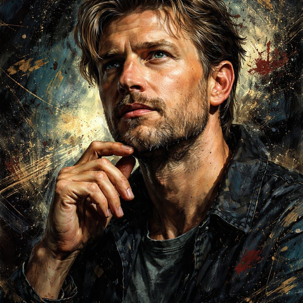 Expressive Oil and Digital Acrylic Portrait of a Thoughtful ...