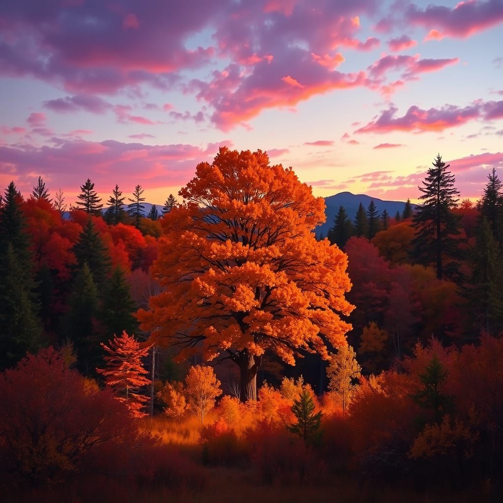 Autumn Forest Masterpiece with Regal Tree and Vibrant Sunset