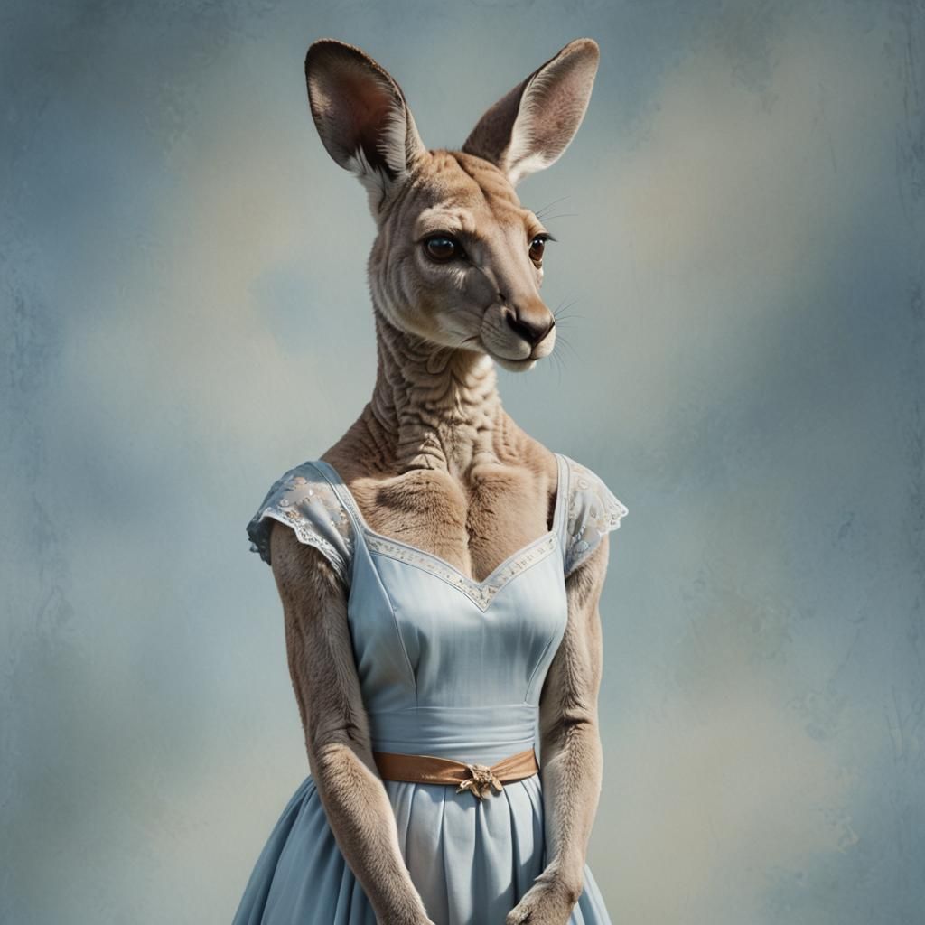 Anthropomorphic Kangaroo in Blue Dress: Cinematic Portrait
