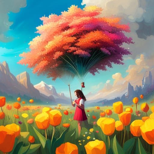 Girl in Floral Landscape with Glowing Eyes