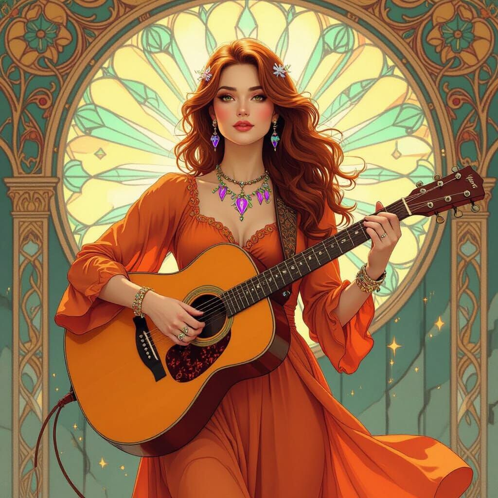 Earth Angel in Art Nouveau Style with Guitar