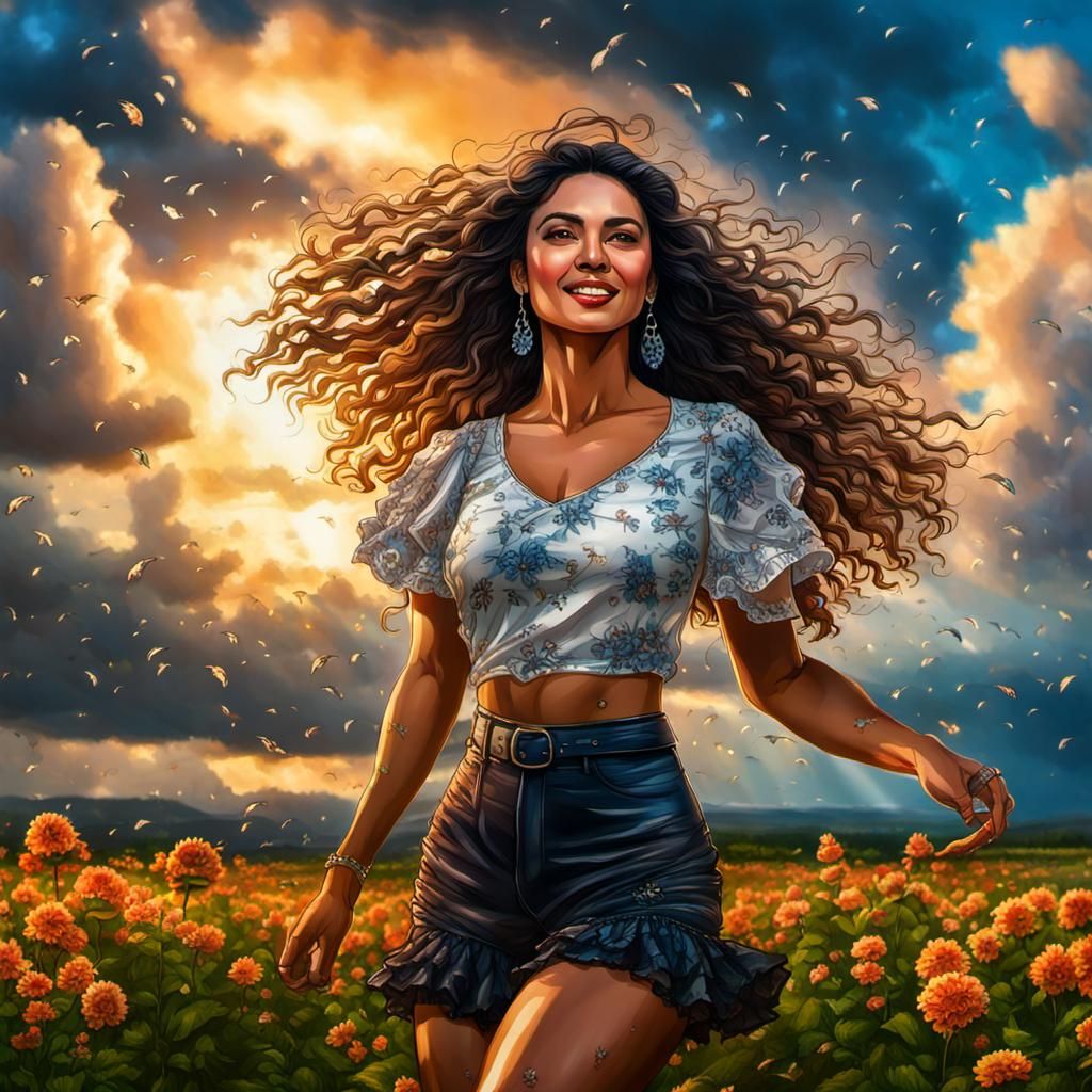 Latina Beauty Dancing in Flower Field at Sunset