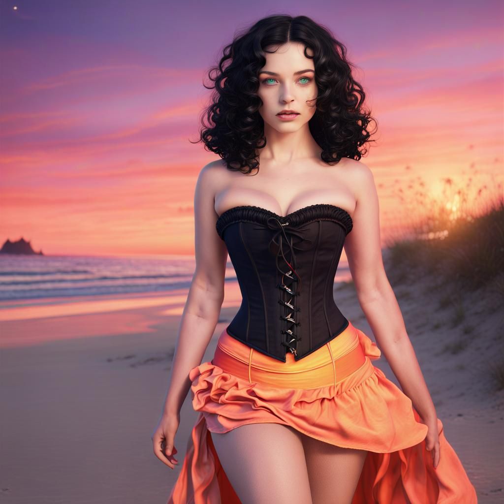 Summer Witch on Beach at Sunset, Detailed Digital Art