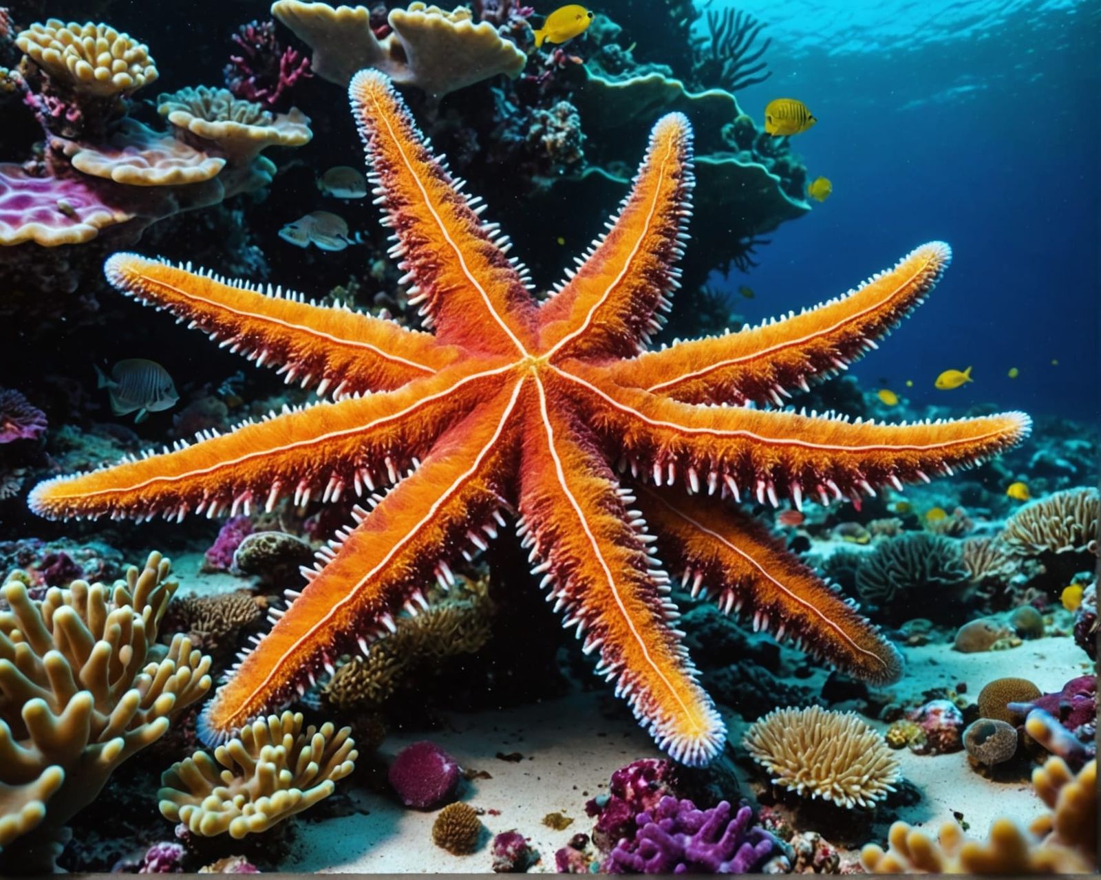 Glowing Coral Reef with Starfish Macro Photography