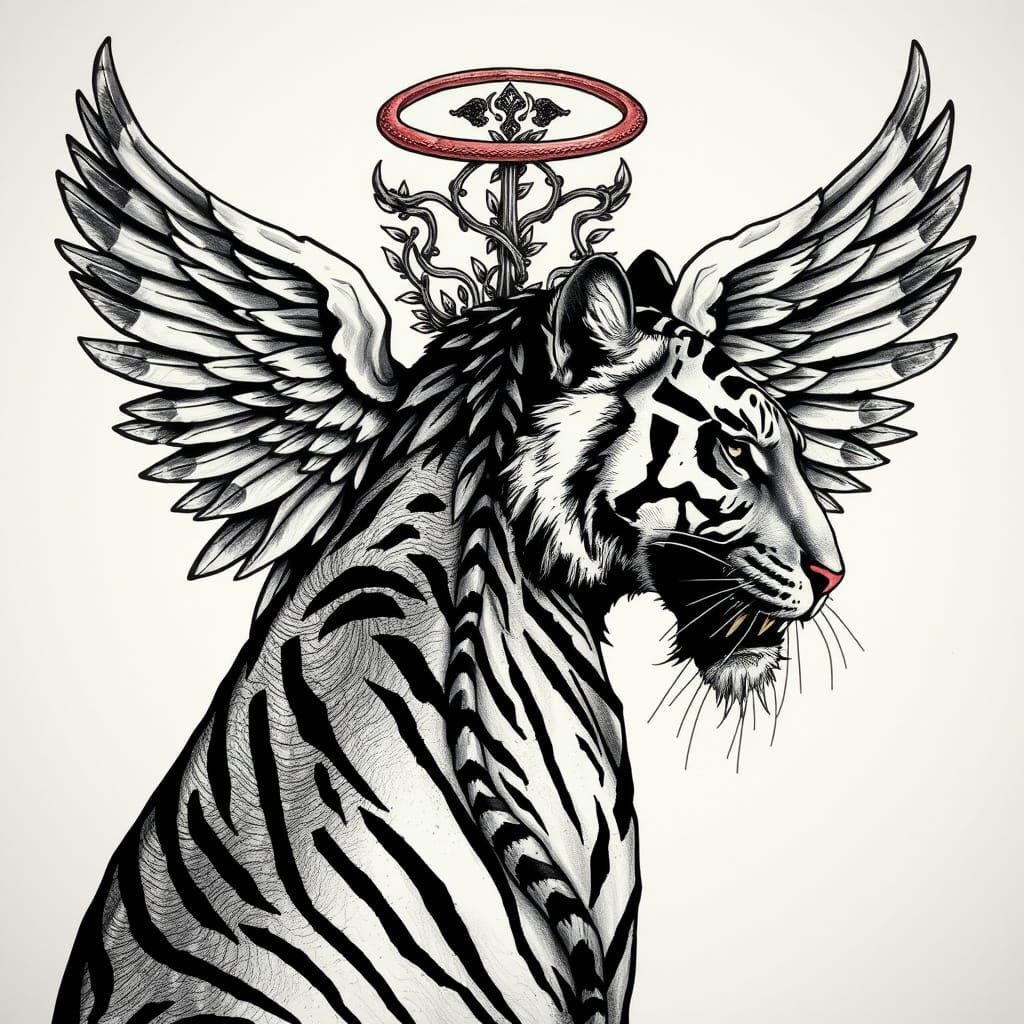 Majestic Tiger with Angel Wings in Bold Ink Tattoo Style