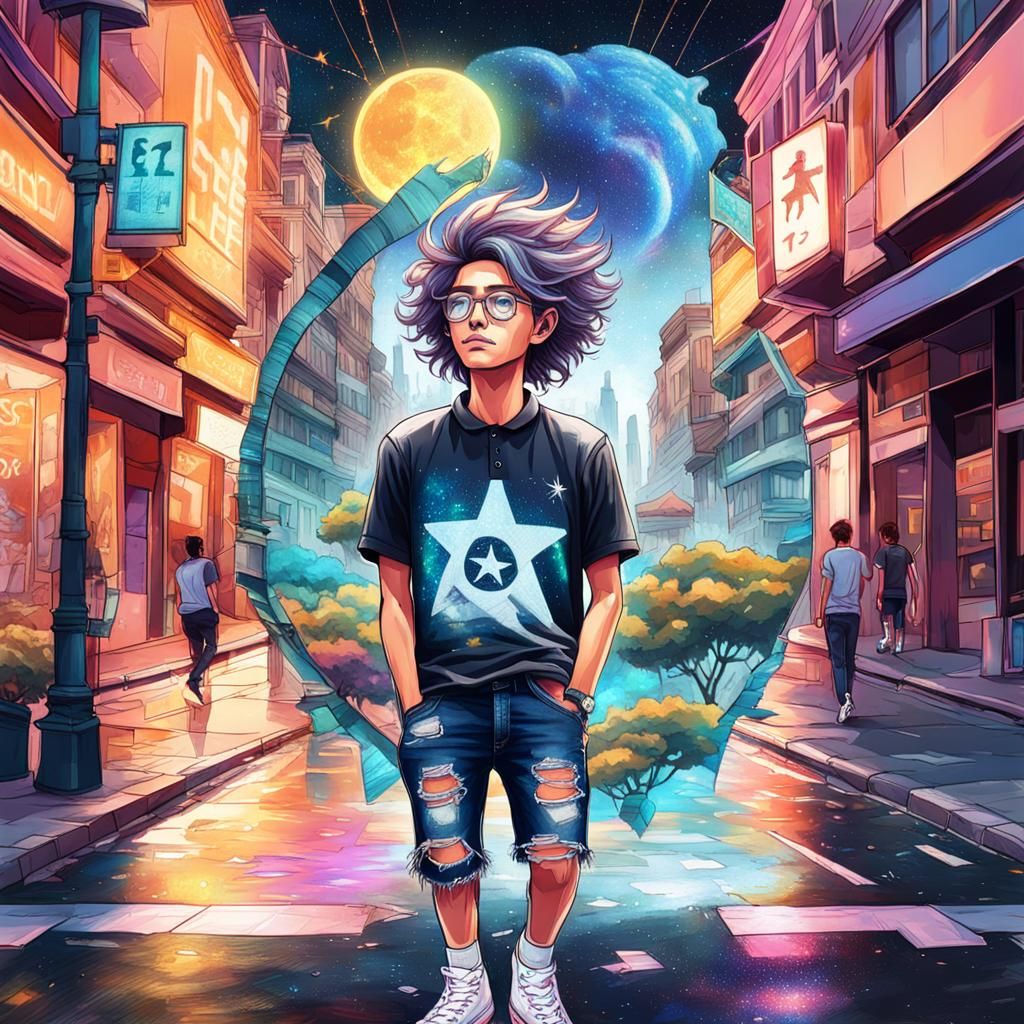Boy in Street: Holographic Astral Cosmic Illustration