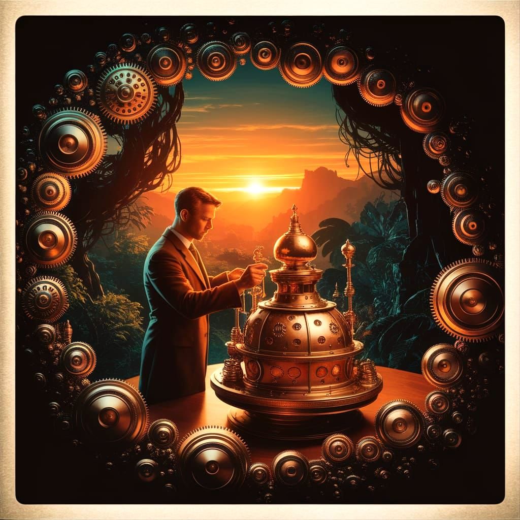 Inventor and Brass Time Machine in National Geographic Style