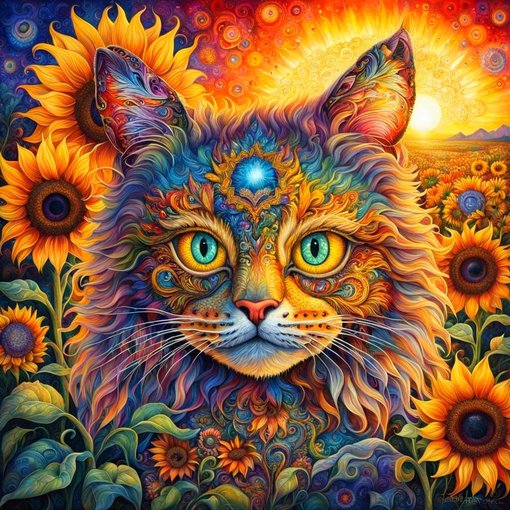 Ornate Sunflower Cat with Warm Sunset Lighting