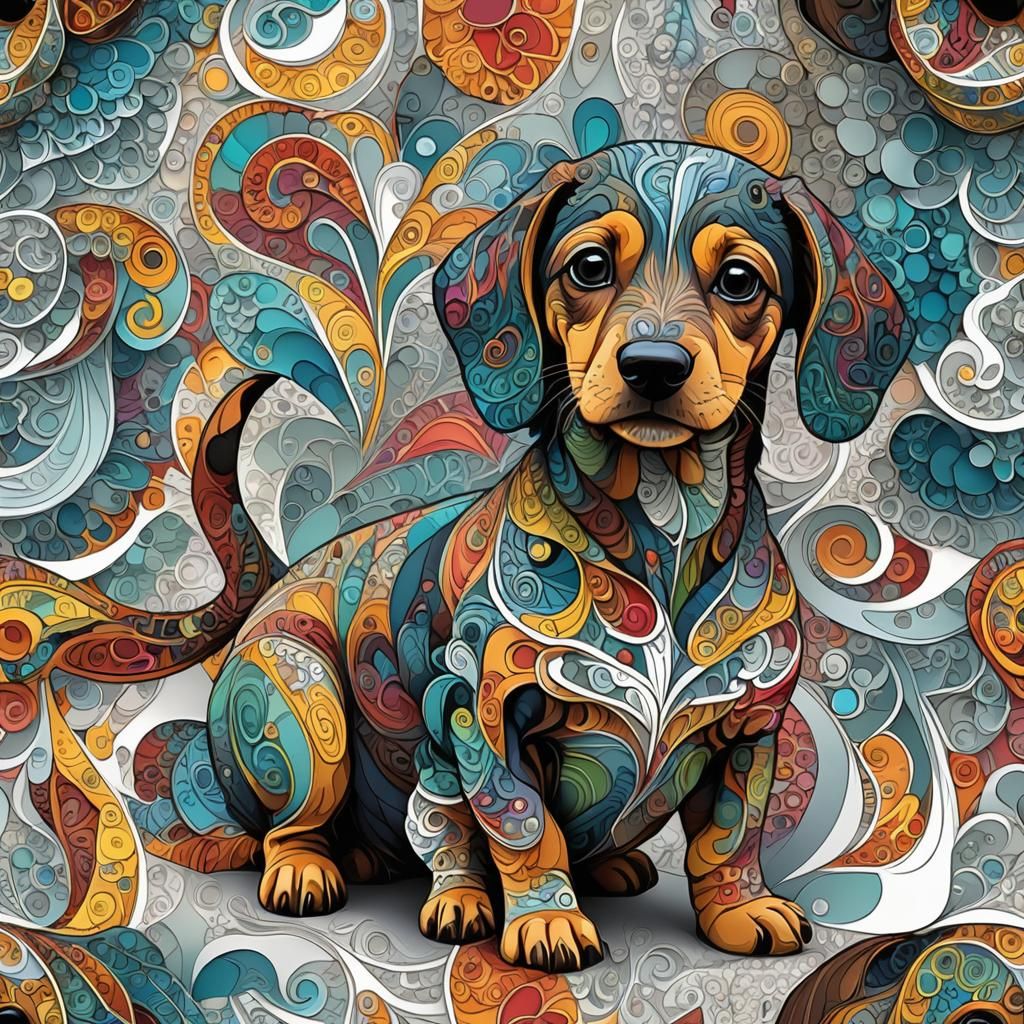 Colorful Dachshund Puppy with Abstract Fractal Design