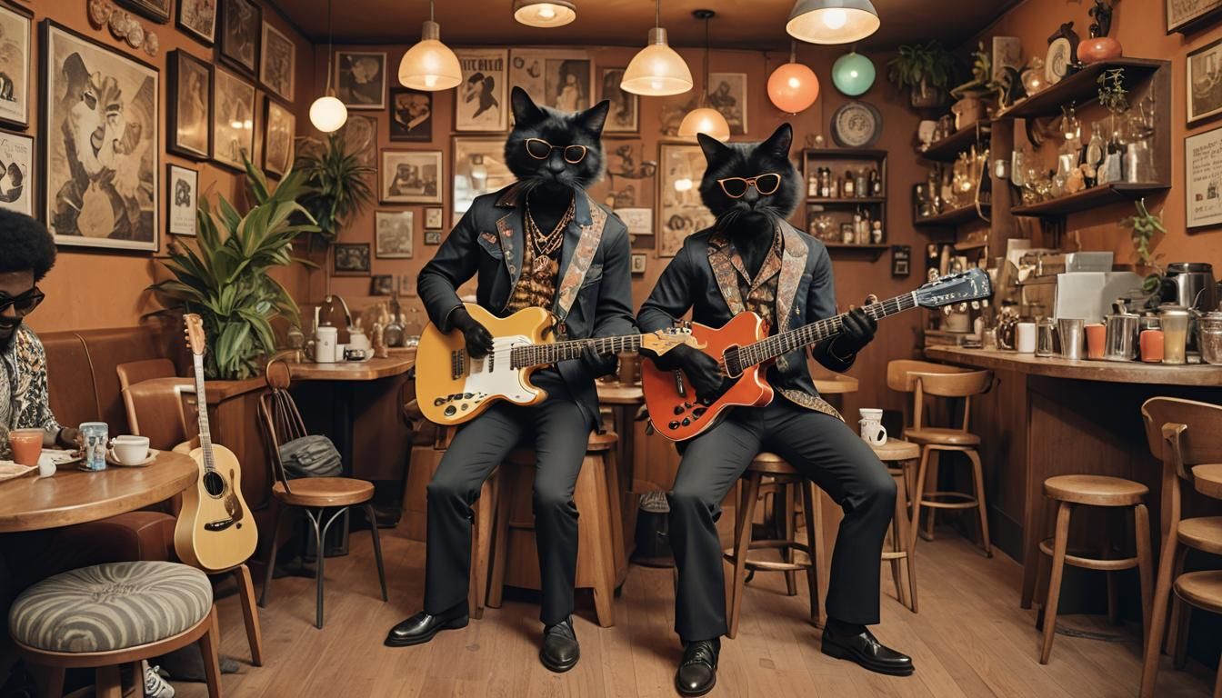 Anthropomorphic Cat Plays Guitar in 1970s Cafe