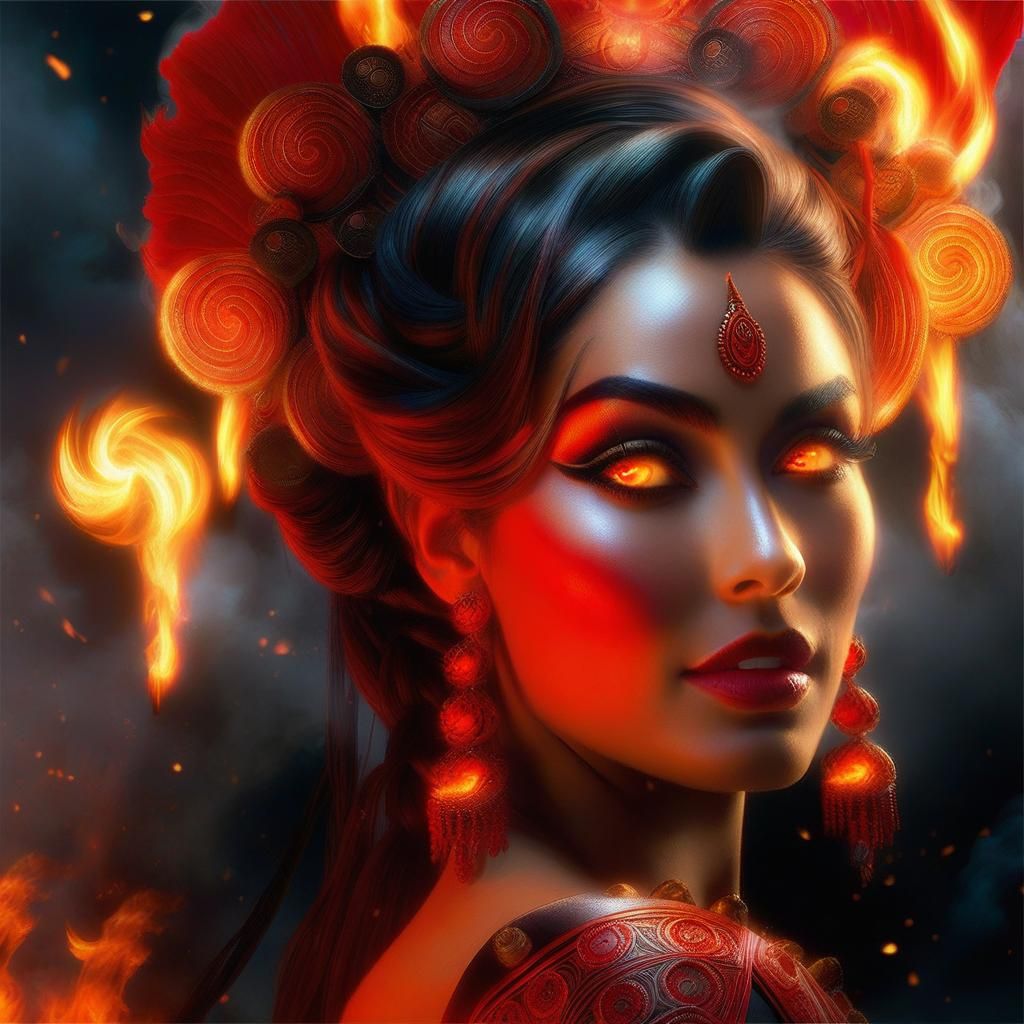 Fire Goddess Portrait in Hyperdetailed Digital Painting Styl...
