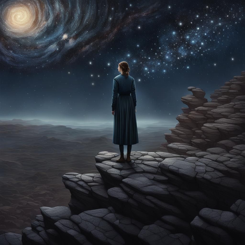 Hyperrealistic Night Sky: Woman at Barren Cliff Edge