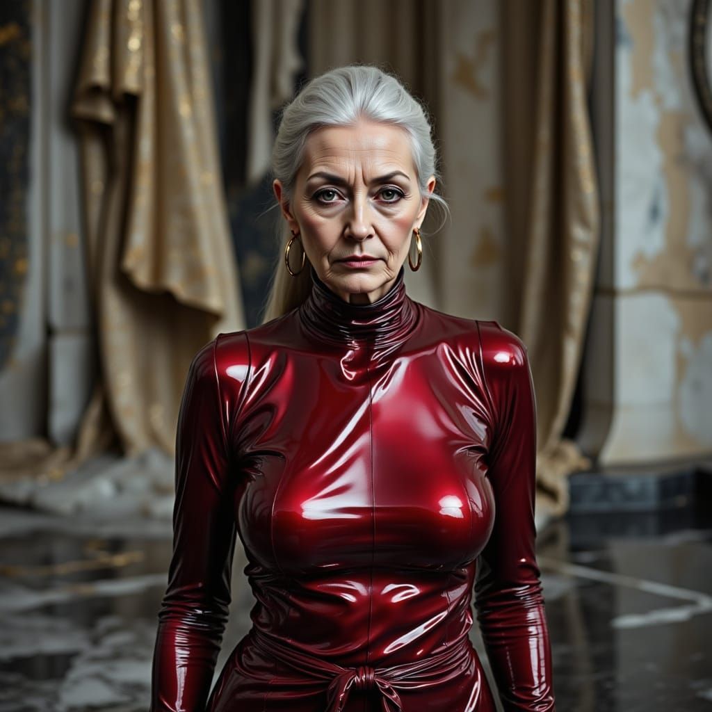 Elegant Elderly Woman in Red Latex and Maid Uniform